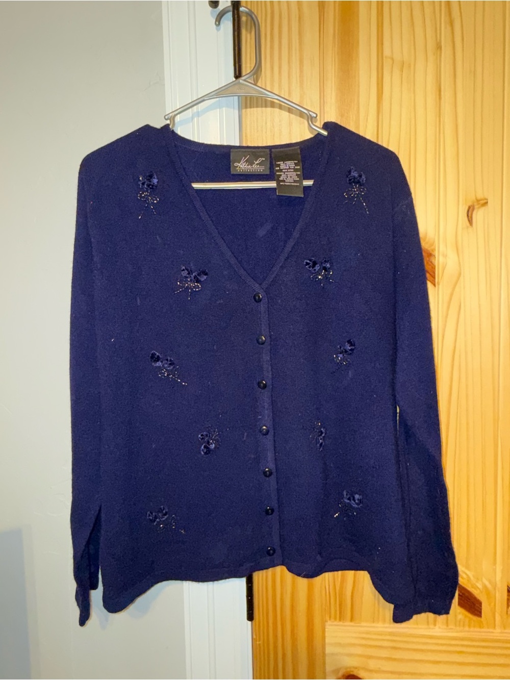 Kathie Lee Navy Embellished V‑Neck Cardigan Sweater